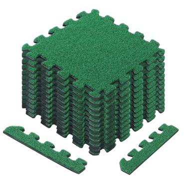 Imagem de YBING Ladrilhos de espuma de grama, pacote com 12 tapetes quadrados de grama artificial verde de 28 x 28 cm, tapete de grama interligado com base de espuma EVA, tapete de grama falsa para varanda e