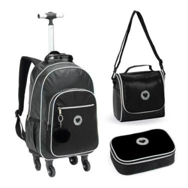 Imagem de Kit Mochila de Rodinhas + Lancheira + Estojo Just Love DENLEX, Preto