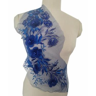 Imagem de Aplique de renda floral 3D bordado com apliques de flores com pérolas costuradas em remendos roupas de noiva casamento vestido de dança decoração (azul royal)