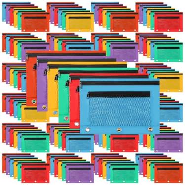 Imagem de Zhehao 300 unidades de fichário, bolsa de lápis de malha a granel para fichário de 3 anéis com zíper e bolso duplo para utensílios de escrita, material escolar (cor brilhante)