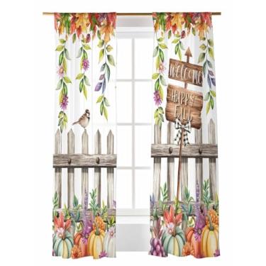 Imagem de Cortinas transparentes Welcome Happy Fall 213 cm de comprimento, conjunto com 2 painéis, folhas de bordo, abóboras, cortinas e cortinas, painel de voile com bolso para varão, para quarto, sala de