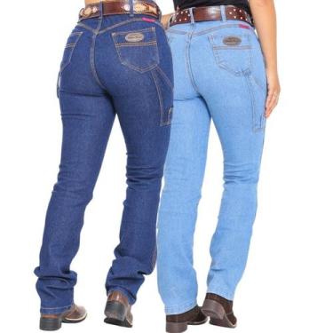 Imagem de Kit 2 Calças Carpinteiras Femininas Country Jeans - Mula Rosa, 46, Azu