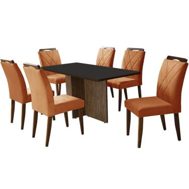 Imagem de Mesa de Jantar Los Angeles 160x80cm em Veludo com 6 Cadeiras California Minas Plac Cor Canela Grafite com Tecido Cobre
