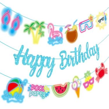 Imagem de Bandeiras de aniversário de piscina de praia azul glitter verão piscina decorações de festa de aniversário para natação praia havaiana tema tropical decoração de lembrancinhas de festa suprimentos