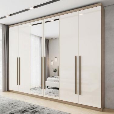 Imagem de Guarda-Roupa Casal Jade 6 Portas 3 Gavetas com 4 Espelhos Rústico/Off White - Henn