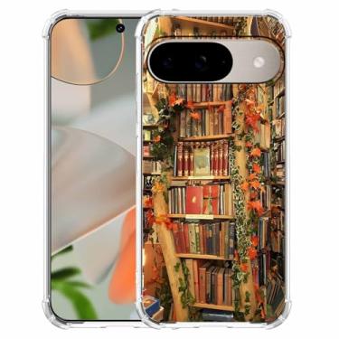Imagem de Nsyosio Capa de livraria vintage para Google Pixel 9/9 Pro, estampa estética de biblioteca de livros antigos, capa protetora de TPU macio na moda, px9