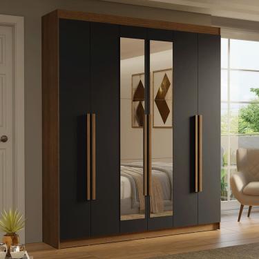 Imagem de Guarda-Roupa Casal 6 Portas Batentes com Espelho Rustic/Preto/Rustic Saturno Madesa