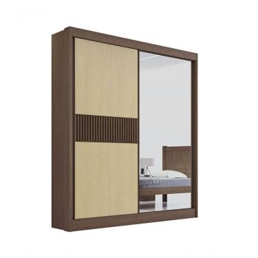 Imagem de Guarda Roupa Casal Athenas 2 Portas Ripado 3 Gavetas Com Espelho Sem Pés - D` Doro Castanho/linho/ripado