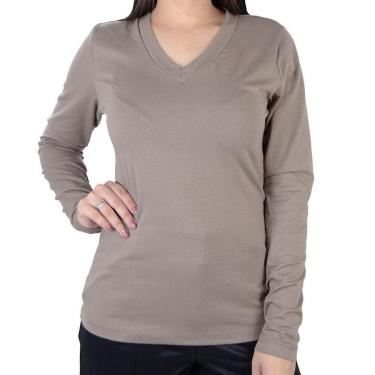 Imagem de Camiseta Feminina Averzzy ML Gola em V Kaqui - 6045-Feminino
