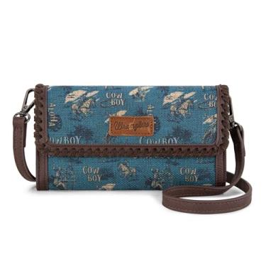 Imagem de Bolsa tiracolo feminina Wrangler com estampa de caubói pequena carteira de pulso ocidental, Jeans, 7.8" x 1" x 4"