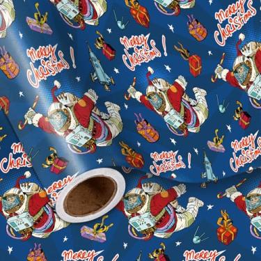 Imagem de LeZakaa Rolo de papel de embrulho de Natal espacial, astronauta de Papai Noel azul, tema espacial, design festivo, para Natal, festas com tema espacial, aniversários infantis, adolescentes, mini rolo