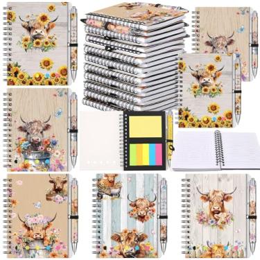 Imagem de Sayglossy 20 conjuntos de presentes de vaca Highland em massa floral highland cow, notas adesivas em espiral com caneta esferográfica, presentes inspiradores para estudantes, escola, professores