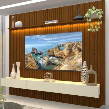 Imagem de Painel para TV até 90 Polegadas 229x250cm Ripado com LED 3 Gavetas 100% MDF Castanho/Off White