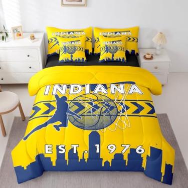 Imagem de Jogo de cama solteiro de basquete, 7 peças, moderno, esportista, jogo de bola, amarelo marinho, para crianças, conjunto de edredom com silhueta de Indiana Americana, com lençóis, fronhas