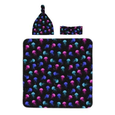 Imagem de Midaivu Cobertor de cueiro de água-viva para recém-nascidos com faixa de cabeça e conjunto de chapéu combinando, roupa para recém-nascidos voltando para casa, presente de chá infantil para 0 a 6 meses