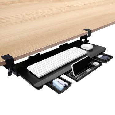 Imagem de OUKMIC Bandeja de teclado grande sob a mesa deslizante para fora com suporte resistente em C e gaveta de armazenamento, 68,6 cm (78,7 cm incluindo braçadeiras) x 30,5 cm bandejas ergonômicas de