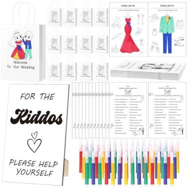 Imagem de Marspark 49 peças de atividades de casamento para crianças, presentes a granel, inclui 12 livros de colorir, 12 canetas de aquarela em 4 cores, 12 sacos de presente, 12 folhas de caça ao tesouro, 1