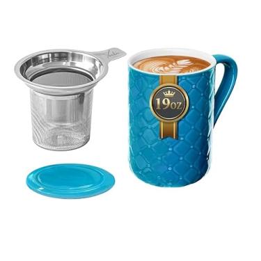 Imagem de Yachi Caneca de chá de cerâmica de 540 ml com infusor e tampa – Copo de chá de folhas soltas de porcelana em relevo com mais íngreme (embutido), seguro para micro-ondas e lava-louças para chá, café