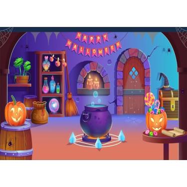 Imagem de Fmarui 1,5 x 0,9 m, cenário de feliz dia das bruxas, desenho animado abóboras, bola mágica, fotografia para bruxa, zumbi, vampiro, decoração de festa de Halloween, crianças, aniversário, chá de bebê