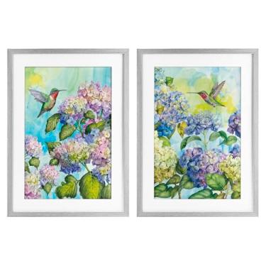 Imagem de Stupell Industries Conjunto de impressão emoldurada cinza de beija-flores e hortênsias por Tim Coffey, 20 x 14