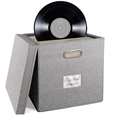 Imagem de ComfortKeeper 1 caixa de armazenamento de discos de vinil com tampa, comporta até 50 LPs, organizador de poliéster 600D durável de 32 x 32 cm, alças resistentes e suporte de etiqueta de PVC para