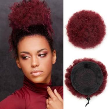 Imagem de Boymia Afro Puff Cordão Rabo de Cavalo #BURG Borgonha 15 cm Afro Kinky Curly Hair Bun Hairpieces Clip On Kinky Drawstring Curly Rabo de Cavalo 100% Remy Peruca de Cabelo Humano Naturalmente Penteado