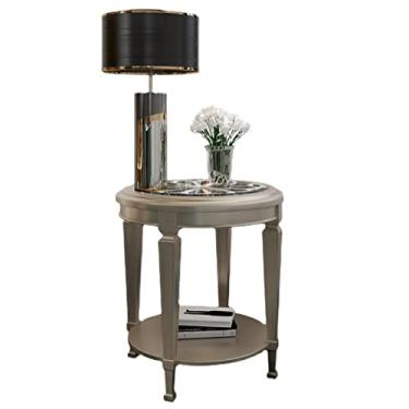 Imagem de Mesa de centro redonda de 2 camadas com armazenamento aberto e pernas de madeira, mini mesa de centro, mesa de cabeceira pequena, mesa de cabeceira prateada para quarto mesa de chá mesa lateral (cor