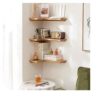 Imagem de Prateleiras flutuantes de canto de madeira maciça, conjunto de 3, prateleiras de parede de armazenamento de madeira em forma de L para sala de estar, quarto, escritório, banheiro cozinha e decoração