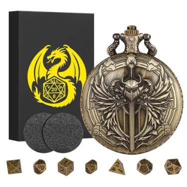 Imagem de Mini DND Dice Set with Steampunk Paladin Pocket Watch Shell Case, DND Starter Set, 7pcs Polyhedral Mini Metal Dice Set, D&D Gifts with Gift Box, Role Playing Board Game Accessories,Bronze
