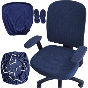 Imagem de HAPPYDOG Conjunto de 4 capas de cadeira de escritório, extensíveis, giratórias, para cadeira de computador, com capas para apoio de braço (azul escuro)