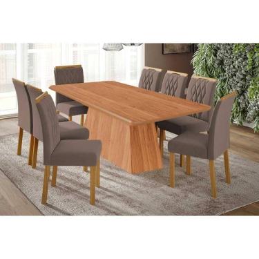Imagem de Conjunto: Mesa Sala Jantar Helena Tampo Madeirado 210x100cm e 8 Cadeiras Juliana Cinamomo - Carvalho/Suede Joli Capuccino - Cimol