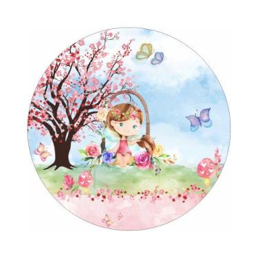 Imagem de Painel de Lona Redondo Menininha Jardim Aquarela e Borboletas - Fabrik