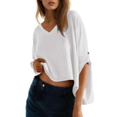 Imagem de Camiseta feminina Dokotoo com decote em V, manga curta, solta, branca,