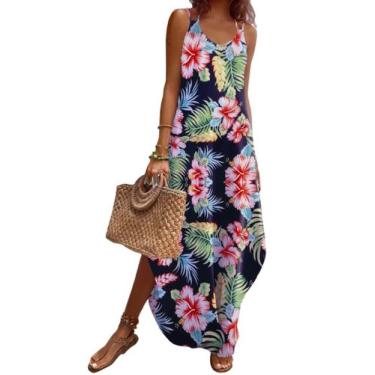 Imagem de Vestido Zeagoo Tropical sem mangas com decote em V, maxi dividido e bo