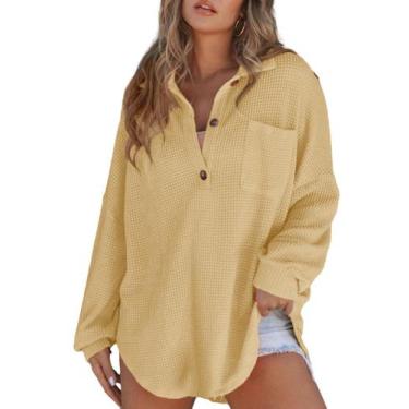 Imagem de Camisa feminina elegante Henley, manga comprida, decote em V, waffle, 