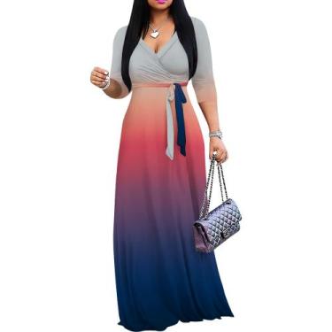 Imagem de Vestido maxi PinkPatty Gradient com decote em V, mangas 3/4, cinto, 2G