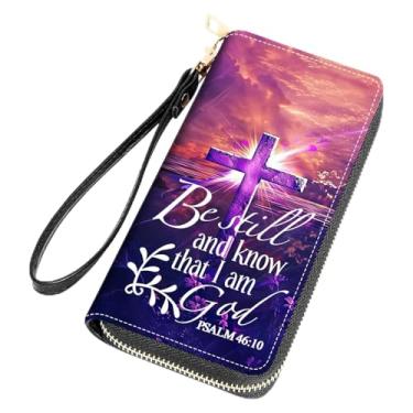 Imagem de FQTBCEARI Carteira feminina de grande capacidade de couro PU com zíper bolsa clutch, Sagrada Cruz Citação Versículo da Bíblia Salmo 46:10, One Zippers