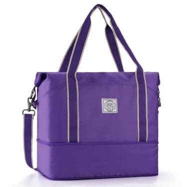 Imagem de WALNEW Bolsa esportiva de viagem, bolsa de mão feminina e masculina, bolsa de ginástica impermeável dobrável com alça de fivela de metal, Roxa, Bolsa de viagem impermeável com fivela de metal e alça