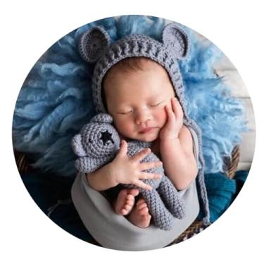 Imagem de Ederafoto Adereços para fotografia de recém-nascidos, chapéu de urso, sessões de fotos, fotos, posando, crochê, urso, boneca, acessórios de brinquedo de tricô (cinza)