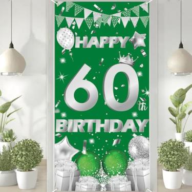 Imagem de Decoração de banner de porta de feliz aniversário de 60 anos verde prata 9,5 m x 1,8 m, capa de porta feliz para decoração de aniversário ao ar livre.