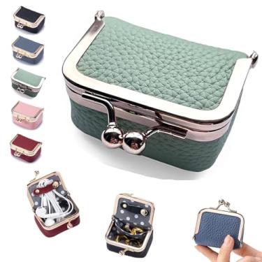 Imagem de noxozoqm Mini caixa de joias de couro legítimo, mini organizador de joias para mulheres, bolsa de moedas de couro genuíno de inspiração vintage portátil com trava de beijo, organizador de minijoias de