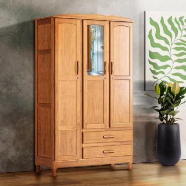 Imagem de Roupeiro Rústico Suíça 3 Portas 2 Gavetas Com Espelho Shop Jm - Carvalho Carvalho