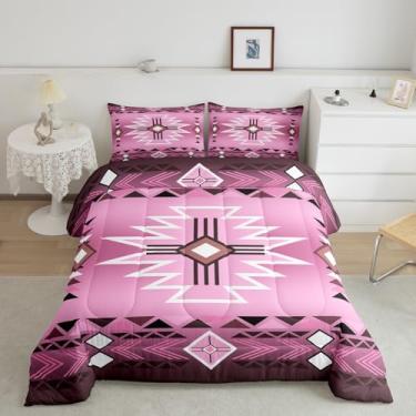 Imagem de Conjunto de edredom queen rosa ocidental, caubói do sudoeste, colcha asteca, étnica, tribal, flecha, conjunto de edredom para crianças, meninas, mulheres, adolescentes, edredom retrô, 2 fronhas
