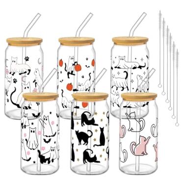 Imagem de Culudea 6 peças de copos de bebida de Halloween com tampas e canudos, 473 ml gato fofo fantasma abóbora pata lua floral morcego em forma de lata conjunto de copos de cerveja para mulheres adolescentes