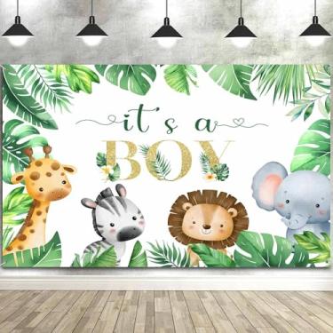 Imagem de Pano de fundo para fotos de chá de bebê safári de 1,5 x 3 m para meninos, tema de aniversário de animais da selva, adereços de cabine de fotos, decoração de banner, balões de parede, toalha de mesa