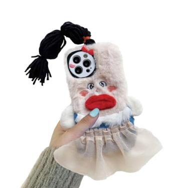 Imagem de Tewwsdi Capa de telefone fofa de desenho animado compatível com iPhone 15 pro max, capa fofa de pelúcia macia e peluda com tranças divertidas de garotas faça-você-mesmo, capa criativa para crianças e adolescentes (vestido rosa)