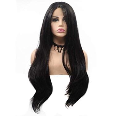 Imagem de Pkfinrd Perucas Peruca preta grande ondulada natural cabelo longo peruca peruca de fibra química