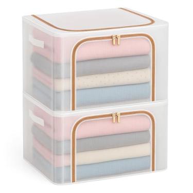 Imagem de Kit 2 Cesto Organizador Caixa Organizadora Grande Dobrável e Empilhável Capacidade de 66 Litros Multiuso Com Alça, Duas Aberturas com Zíper e Visor Transparente (Transparente)