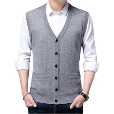 Imagem de Colete De Lã Masculino Primavera Outono Camisola Sem Mangas Sólida Casual Com Decote Em V Colete De Malha Com Bolsos, Light Gray9, S