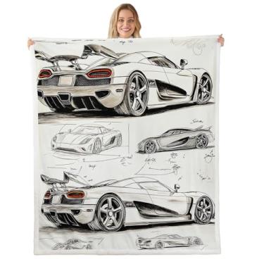 Imagem de Feelyou Cobertor de lã de carro de corrida 101,6 cm x 127 cm Manuscrito de carro esportivo infantil Manuscrito sherpa cobertor para meninos meninas adolescentes linha carro de corrida cobertor de
